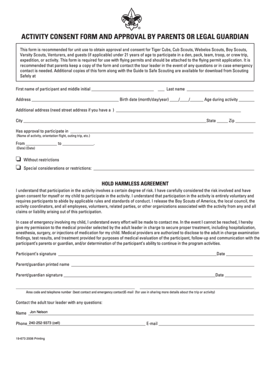Fillable Form 19-673 - Activity Consent Form And Approval By Parents Or Legal Guardian - 2008 Printable pdf