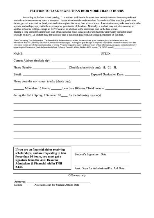 Fillable Petition Form To Take Fewer Than 10 Or More Than 16 Hours Printable pdf