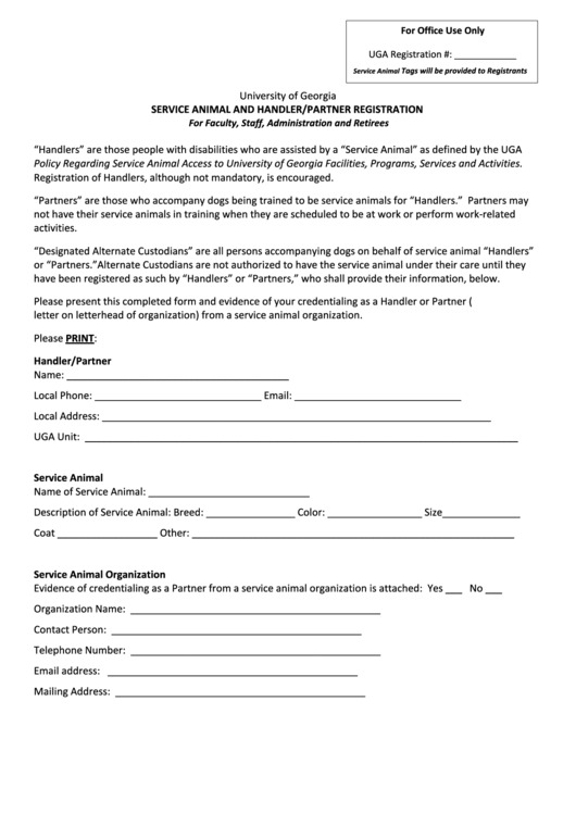 Fillable Service Animal And Handler/partner Registration Form Printable pdf