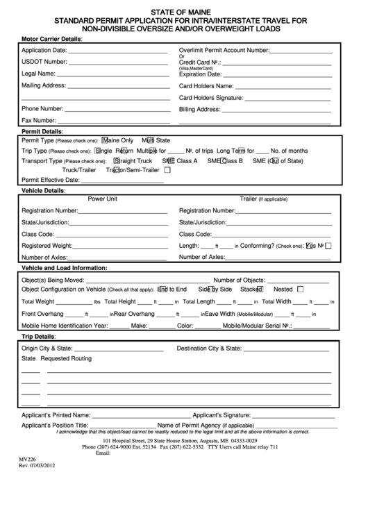Form Mv226 - Standard Permit Application For Intra/interstate Travel For Non-Divisible Oversize And/or Overweight Loads Printable pdf