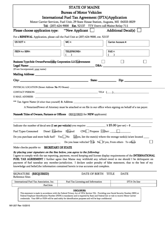 Fillable Form Mv 207 - Ifta Application Form Printable pdf