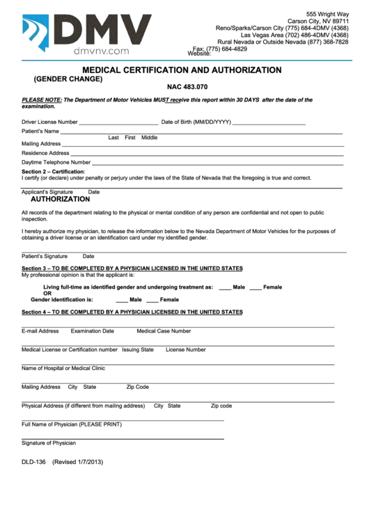 Fillable Form Dld-136 - Medical Certification And Authorization Printable pdf
