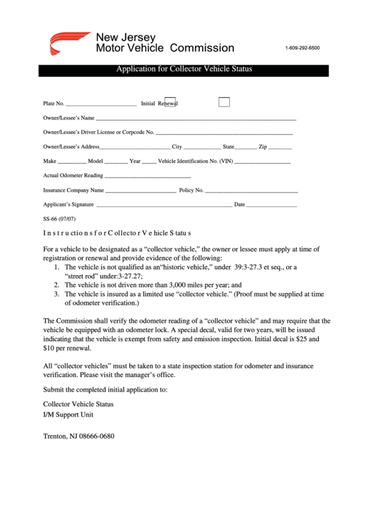 Form 1-609-292-6500 - Application Form For Collector Vehicle Status Printable pdf