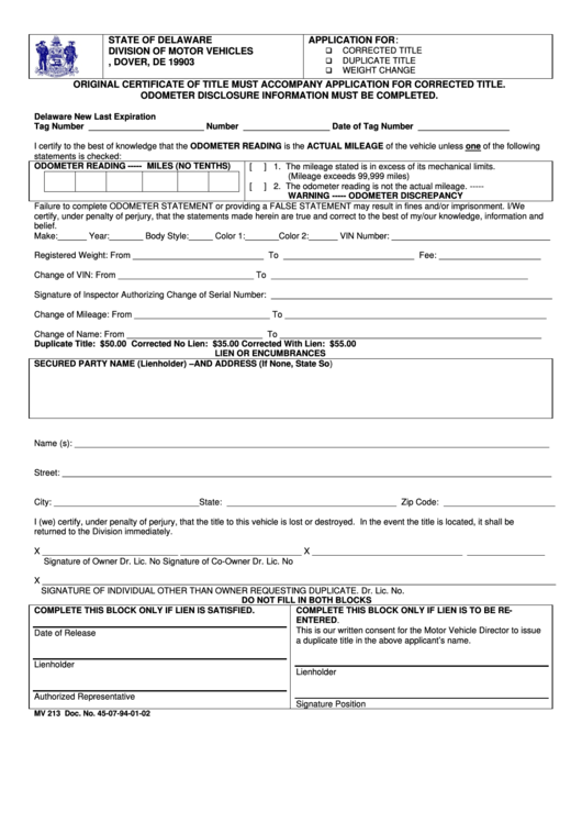 Fillable Form Mv 213 - Original Certificate Of Title Must Accompany Application For Corrected Title Printable pdf