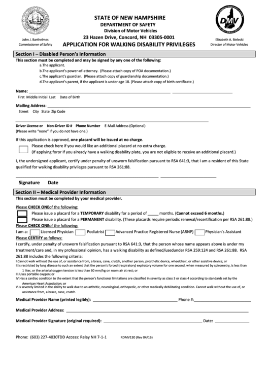 Form Rdmv130 - Walking Disability Privileges Application Form