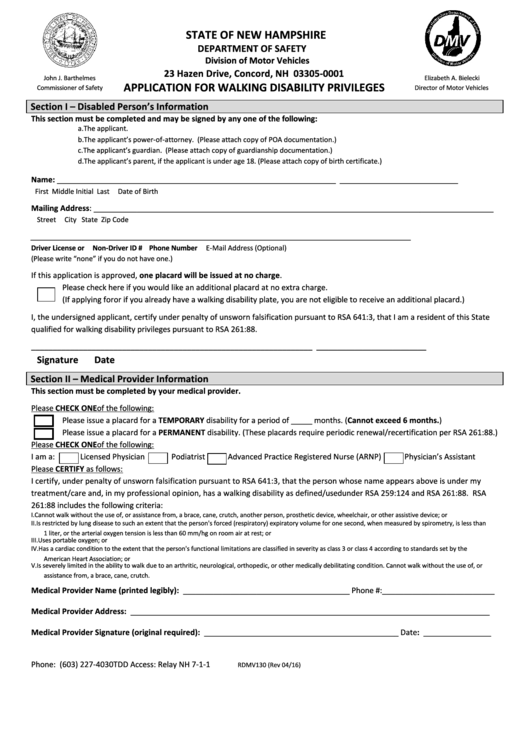 Fillable Form Rdmv130 - Walking Disability Privileges Application Form Printable pdf