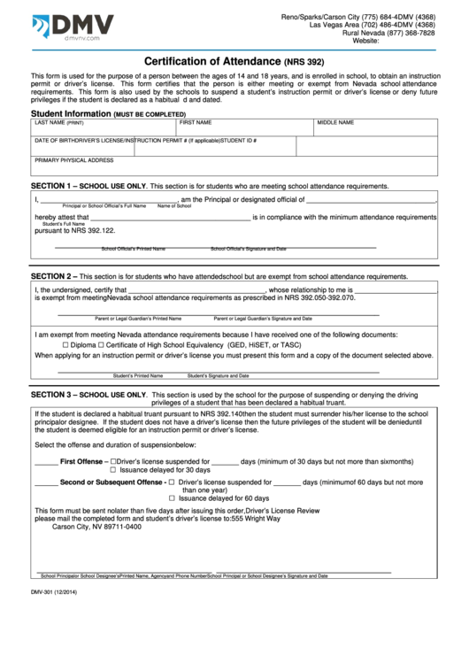 Fillable Form Dmv-301 - Certification Of Attendance Printable pdf