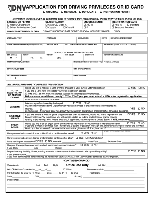 Fillable Form Dmv-002 - Application For Driving Privileges Or Id Card Printable pdf