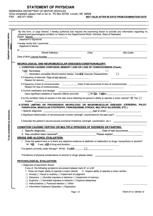 Form Dmv06-19 - Statement Of Physician Printable pdf