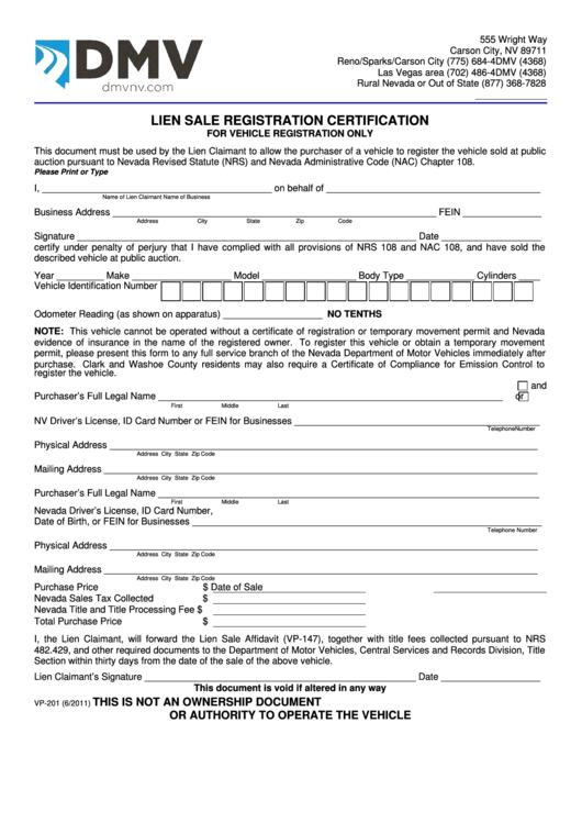 Fillable Form Vp-201 - Lien Sale Registration Certification Printable pdf