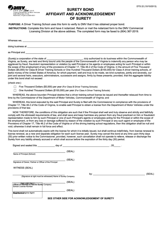Fillable Form Dts 22 - Surety Bond Affidavit And Acknowledgement Of Surety Printable pdf