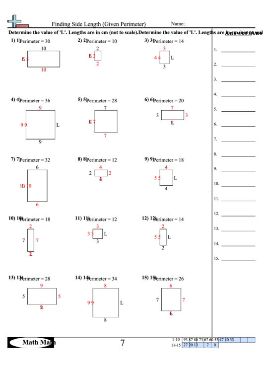 Finding Side Length (Given Perimeter) Worksheet With Answer Key Printable pdf