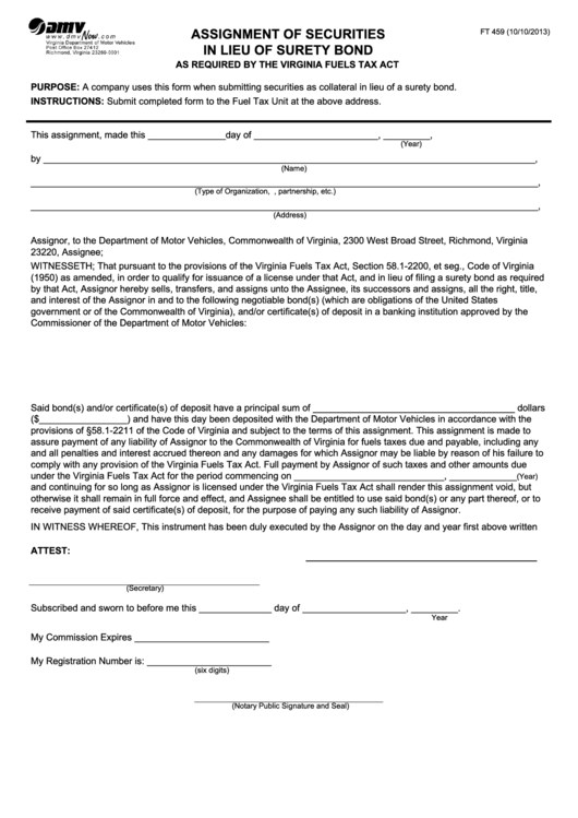 Fillable Form Ft 459 - Assignment Of Securities In Lieu Of Surety Bond Printable pdf