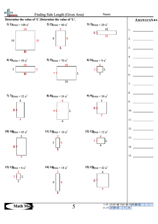 Finding Side Length (Given Area) Math Worksheet With Answer Key Printable pdf