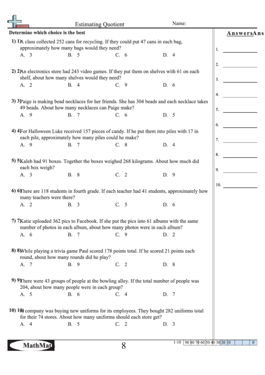 Estimating Quotient Math Worksheet With Answer Key Printable Pdf Download