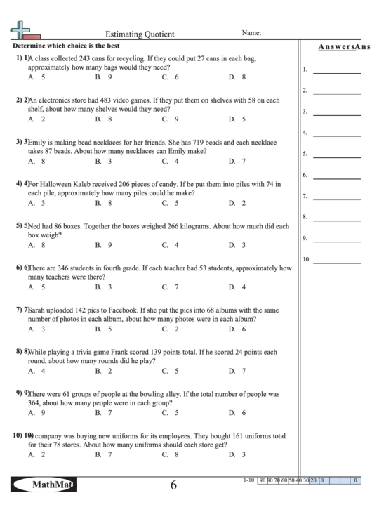 Estimating Quotient Math Worksheet With Answer Key Printable pdf