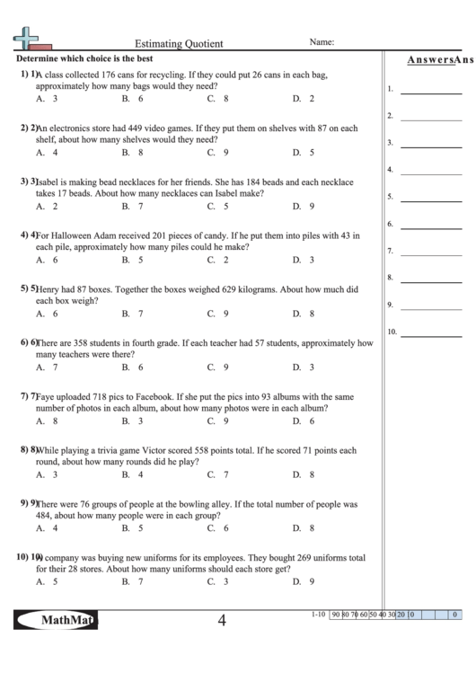 Estimating Quotient Math Worksheet With Answer Key Printable pdf