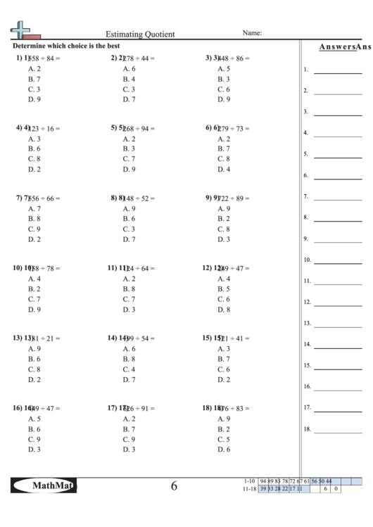 Estimating Quotient Math Worksheet With Answer Key printable pdf download