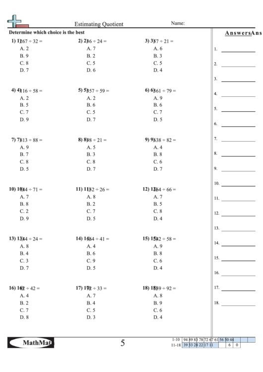 Estimating Quotient Math Worksheet With Answer Key printable pdf download