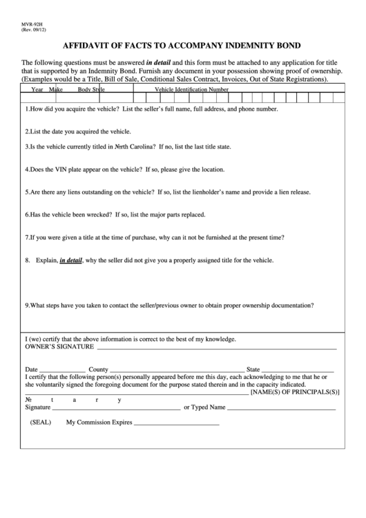 Fillable Form Mvr-92h - Affidavit Of Facts To Accompany Indemnity Bond Printable pdf