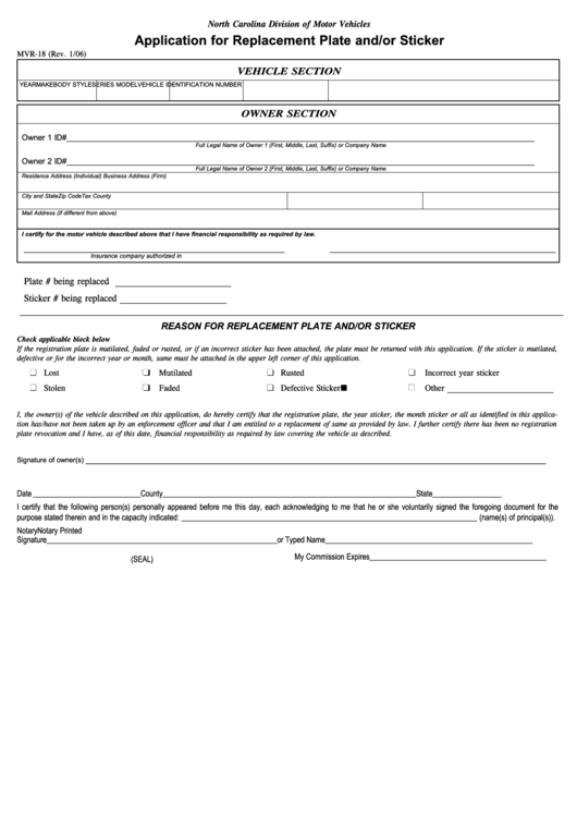 Form Mvr-18 - Application For Replacement Plate And/or Sticker Printable pdf