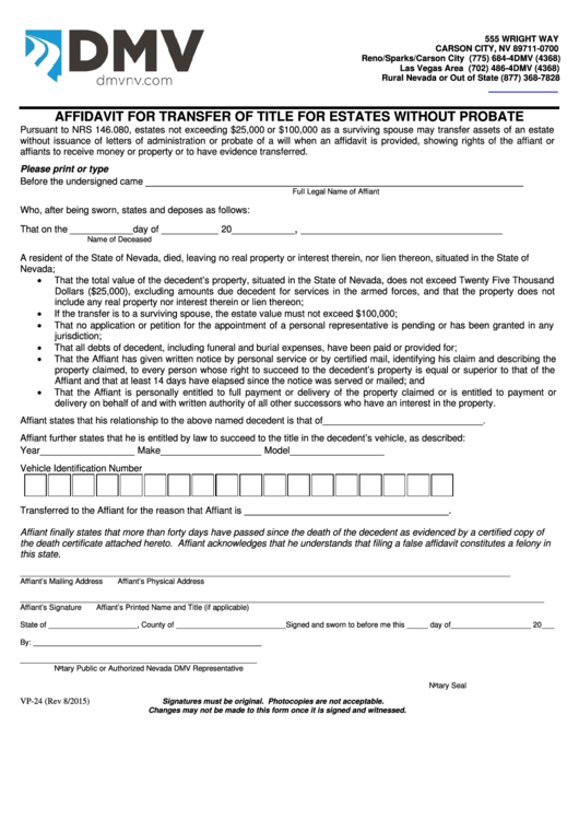 Fillable Form Vp-24 - Affidavit For Transfer Of Title For Estates Without Probate Printable pdf