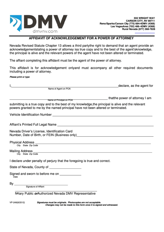 Fillable Form Vp-249 - Affidavit Of Acknowledgement For A Power Of Attorney Printable pdf