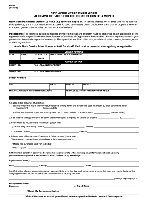 Fillable Form Mvr-58 - Affidavit Of Facts For The Registration Of A Moped Printable pdf