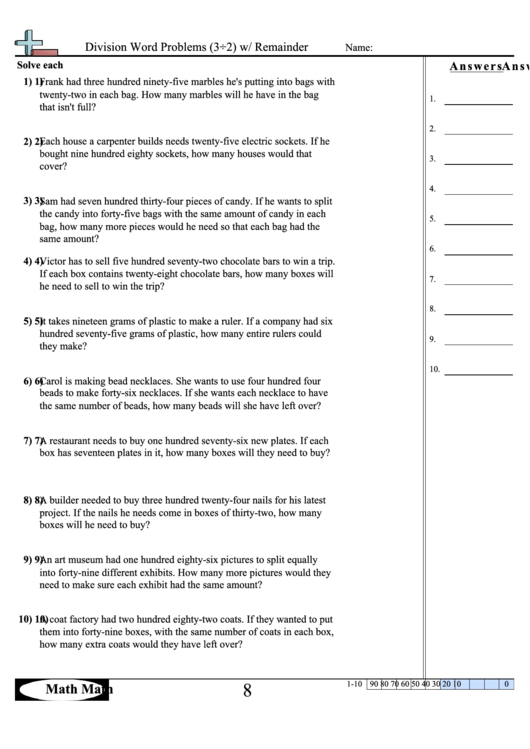 Division Word Problems W/remainder Math Worksheet With Answer Key Printable pdf
