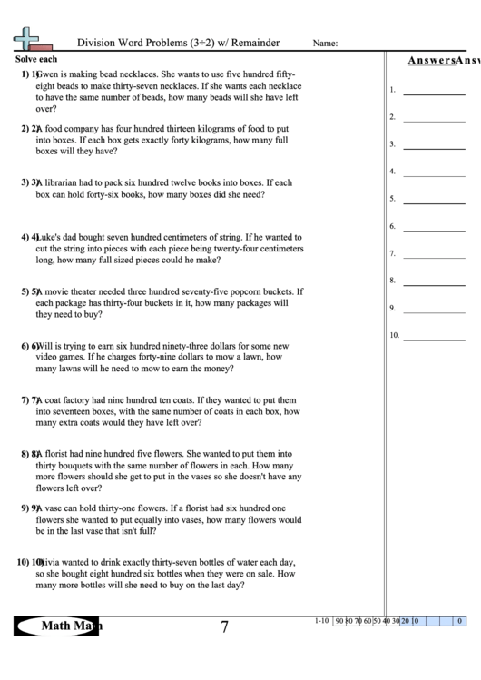 division word problems wremainder math worksheet with