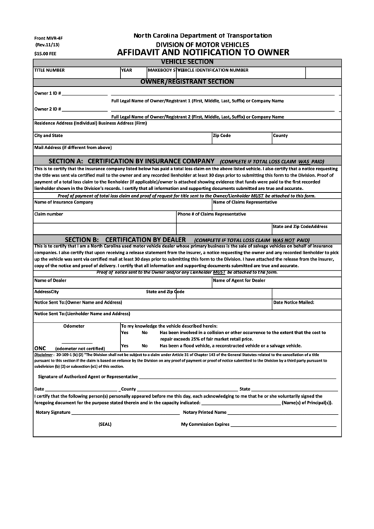 Fillable Form Mvr-4f - Affidavit And Notification To Owner Printable pdf