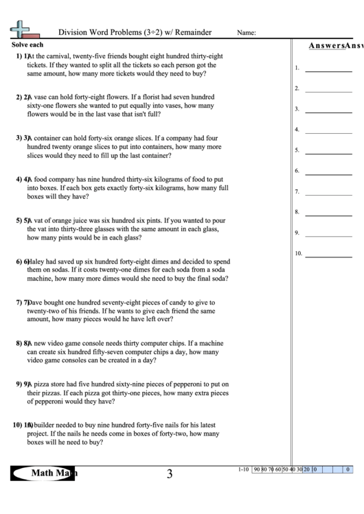 Division Word Problems W/remainder Math Worksheet With Answer Key Printable pdf