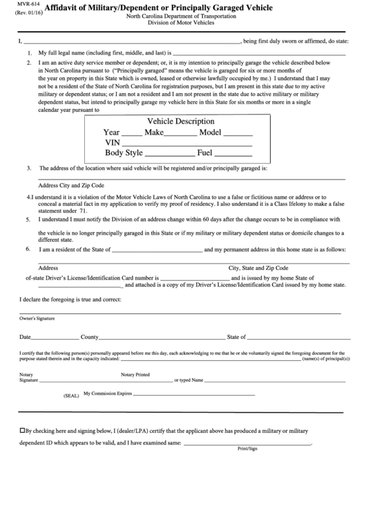 Form Mvr-614 - Affidavit Of Military/dependent Or Principally Garaged Vehicle Printable pdf