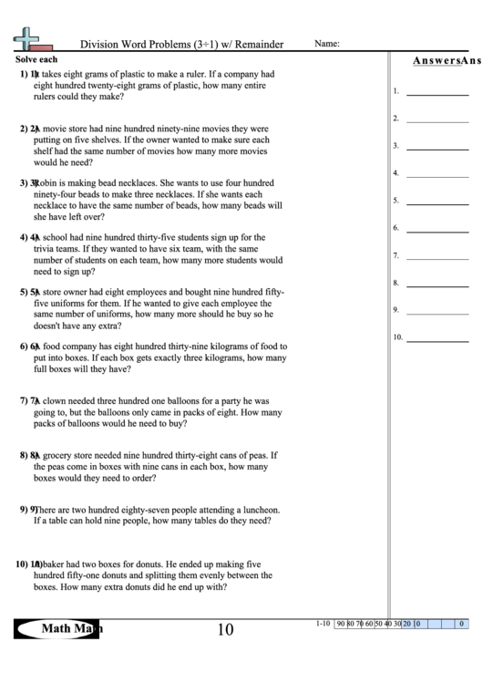 Division Word Problems W Remainder Math Worksheet With Answer Key 