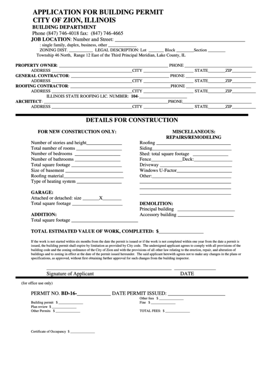 Fillable Application For Building Permit Form printable pdf download