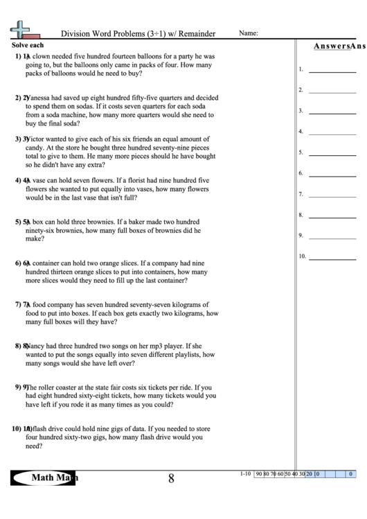 division word problems wremainder math worksheet with answer key