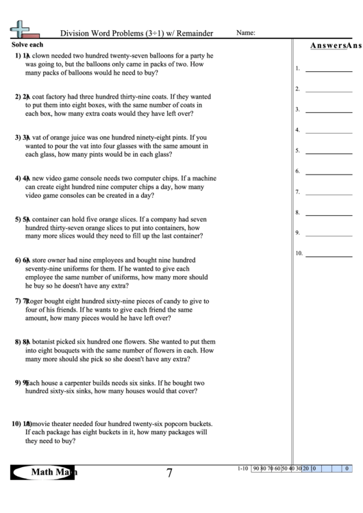 Division Word Problems W/remainder Math Worksheet With Answer Key ...
