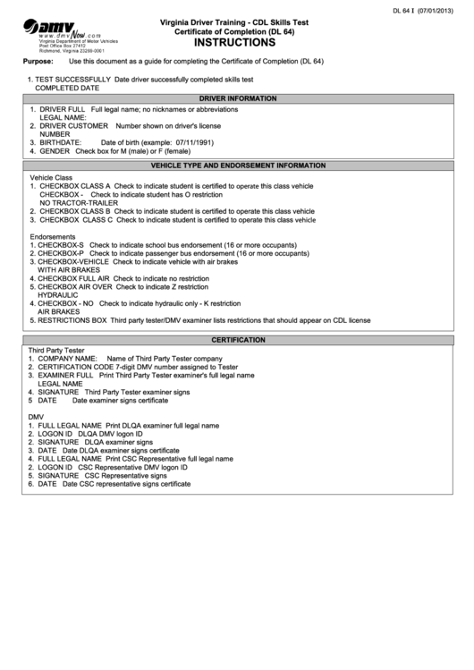 Form Dl 64 I - Certificate Of Completion - Instructions Printable pdf
