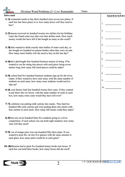 Division Word Problems W/remainder Math Worksheet With ...