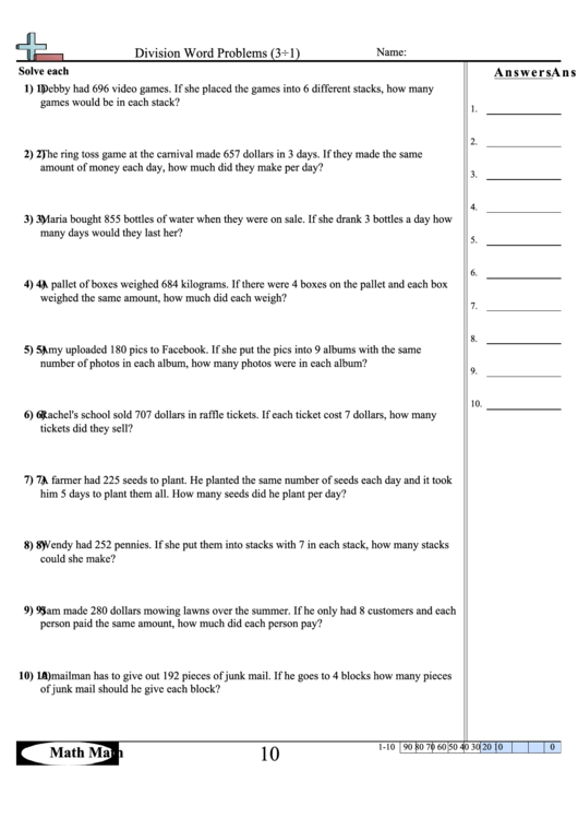 division word problems math worksheet with answer key