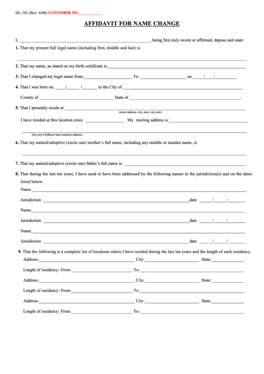 Form Dl-101 - Affidavit For Name Change Printable pdf