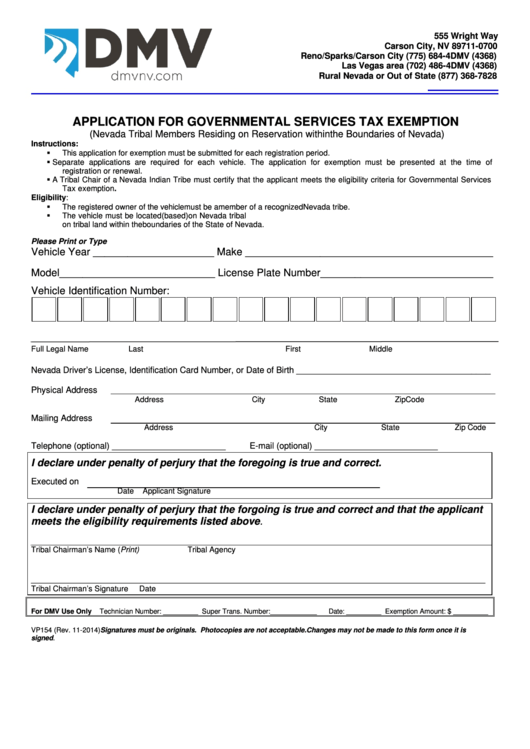 Fillable Form Vp 154 - Application For Governmental Services Tax Exemption Vp 154) Printable pdf