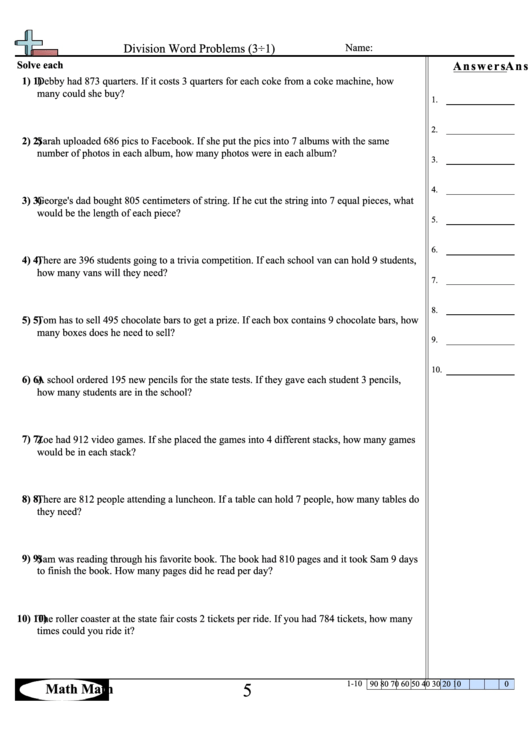 Division Word Problems Math Worksheet With Answer Key Printable pdf