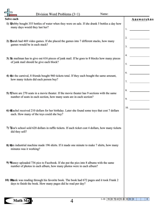 division word problems math worksheet with answer key