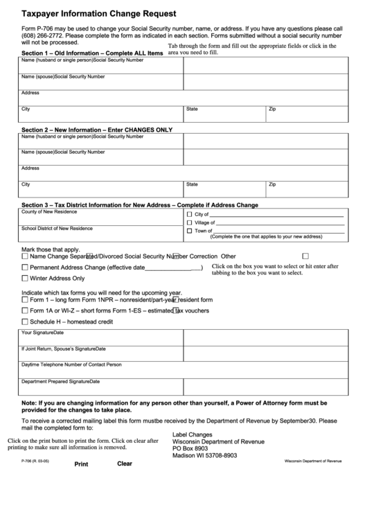 Fillable Form P-706 - Taxpayer Information Change Request - Wisconsin Department Of Revenue Printable pdf