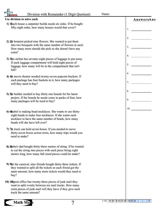 Division With Remainder (1 Digit Quotient) Math Worksheet With Answer Key Printable pdf