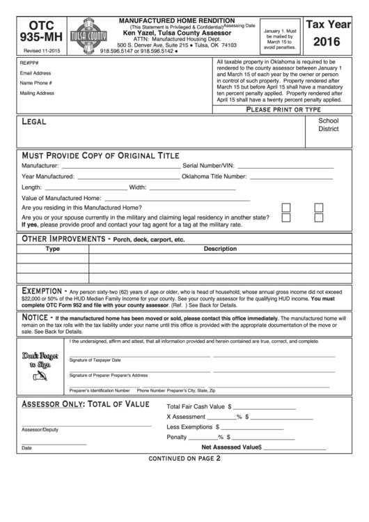 Fillable Form Otc 935-Mh - Manufactured Housing Rendition - Tulsa County - 2016 Printable pdf