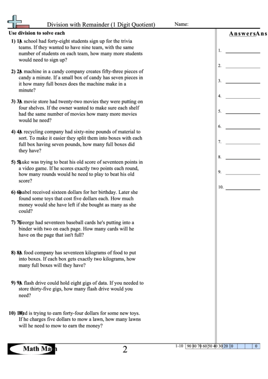 Division With Remainder (1 Digit Quotient) Math Worksheet With Answer Key Printable pdf