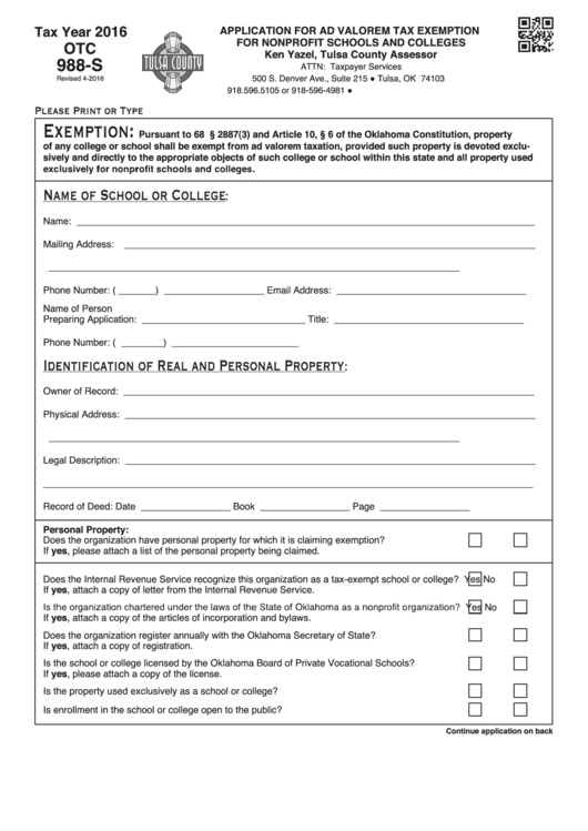 Fillable Form Otc 988-S - Application For Ad Valorem Tax Exemption For Nonprofit Schools And Colleges- Tulsa County - 2016 Printable pdf