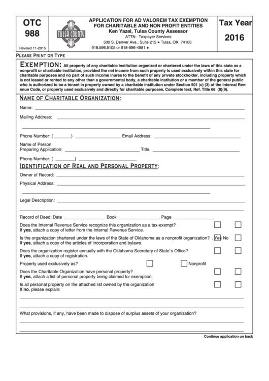 Fillable Form Otc 988 - Application For Ad Valorem Tax Exemption For Charitable And Non Profit Entities - Tulsa County - 2016 Printable pdf